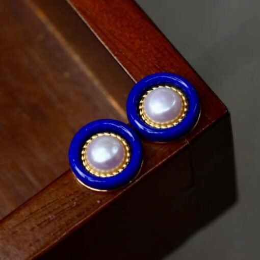 Natural Pearl With Lapis Lazuli Studs Earring|Unique lapis lazuli studs WomenVintage Pearl studs SilverHandmade Art Deco Lapis Lazuli stud - Image 2