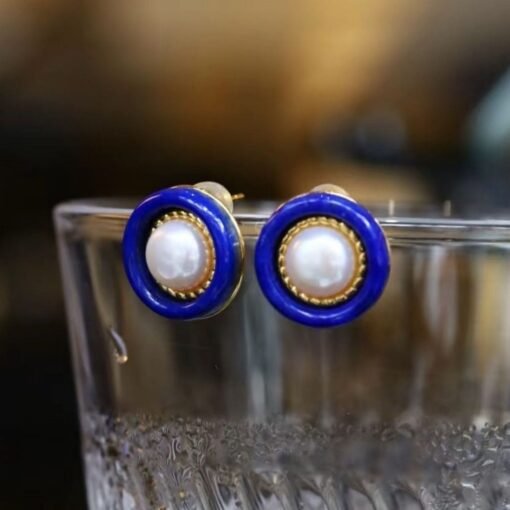 Natural Pearl With Lapis Lazuli Studs Earring|Unique lapis lazuli studs WomenVintage Pearl studs SilverHandmade Art Deco Lapis Lazuli stud - Image 5