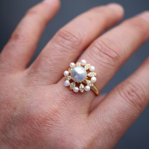 Natural seawater akoya Pearl Ring s925 sterling Silver|Vintage Petal Pearl ring|Statement Floral Pearl Ring|Unique everyday real Pearl ring - Image 4