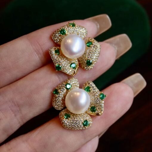 Unique Freshwater Pearl Studs Earrings s925 Silver|Natural Pearl Earring Women|Green Zircon Pearl Stud Women|Handmade Vintage Pearl Earrings - Image 5