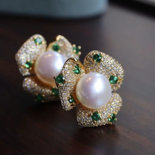 Unique Freshwater Pearl Studs Earrings s925 Silver|Natural Pearl Earring Women|Green Zircon Pearl Stud Women|Handmade Vintage Pearl Earrings - Image 4