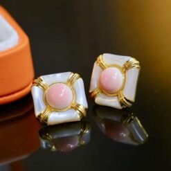 Natural Pink Queen Conch Shell stud earring gold plated silver|Statement Pink Gemstone Jewelry|Unique Earring For Her|Vintage stud Earring