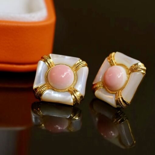 Natural Pink Queen Conch Shell stud earring gold plated silver|Statement Pink Gemstone Jewelry|Unique Earring For Her|Vintage stud Earring - Image 7