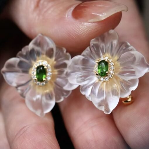 Natural White Quartz Petal Stud Earrings/Unique Floral Earrings Silver/Hand Carved Flower Rock Quartz Earrings|Statement Green Earring Women - Image 2