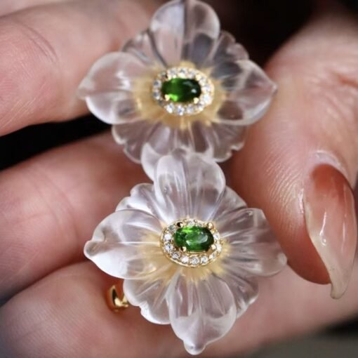 Natural White Quartz Petal Stud Earrings/Unique Floral Earrings Silver/Hand Carved Flower Rock Quartz Earrings|Statement Green Earring Women - Image 6