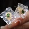 Natural White Quartz Petal Stud Earrings/Unique Floral Earrings Silver/Hand Carved Flower Rock Quartz Earrings|Statement Green Earring Women