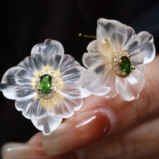 Natural White Quartz Petal Stud Earrings/Unique Floral Earrings Silver/Hand Carved Flower Rock Quartz Earrings|Statement Green Earring Women