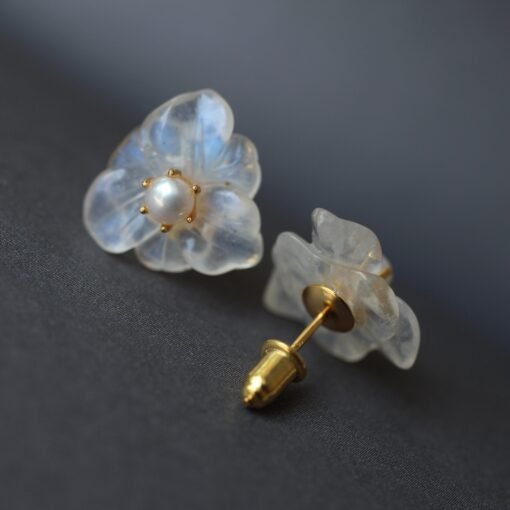 Natural Moonstone with Pearl Stud Earrings/Unique Moonstone Earrings/Tiny Petal Flower Earrings|Handmade pearl stud Earrings|Real Pearl stud - Image 6