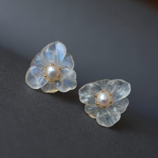 Natural Moonstone with Pearl Stud Earrings/Unique Moonstone Earrings/Tiny Petal Flower Earrings|Handmade pearl stud Earrings|Real Pearl stud - Image 7