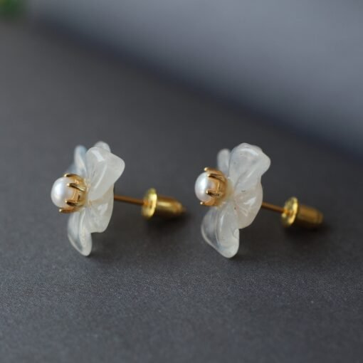 Natural Moonstone with Pearl Stud Earrings/Unique Moonstone Earrings/Tiny Petal Flower Earrings|Handmade pearl stud Earrings|Real Pearl stud - Image 8