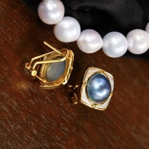 Natural Mabe Pearl Studs Earrings s925 Silver|Mabe Pearl Jewelry Women|Latch Back Mabe Pearl Studs|Bezel Pearl Studs|Vintage stud silver - Image 3