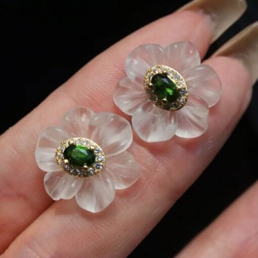 Natural White Quartz Petal Stud Earrings/Unique Floral Gemstone Earrings/Hand Carved Flower Rock Quartz Earrings|Statement big Earring Women