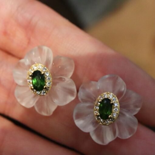 Natural White Quartz Petal Stud Earrings/Unique Floral Gemstone Earrings/Hand Carved Flower Rock Quartz Earrings|Statement big Earring Women - Image 5