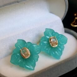 Natural Amazonite with Moonstone Stud Earrings Silver/Unique Amazonite Earrings Women/Petal Flower Earring|Hand Carved big Gemstone Earrings