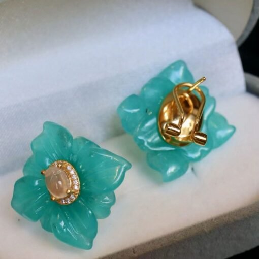 Natural Amazonite with Moonstone Stud Earrings Silver/Unique Amazonite Earrings Women/Petal Flower Earring|Hand Carved big Gemstone Earrings - Image 6