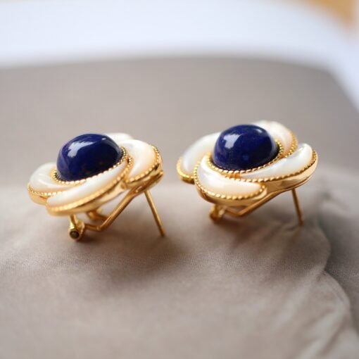 Genuine Lapis Lazuli Stud Earring sterling silver|Floral petal Lapis Lazuli EarringUnique September birthstone jewelry earrings women - Image 3