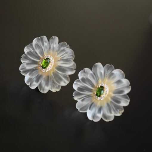 Natural White Quartz Petal Stud Earrings/Unique Floral Gemstone Earrings/Hand Carved Flower Rock Quartz Earrings|Statement big Earring Women