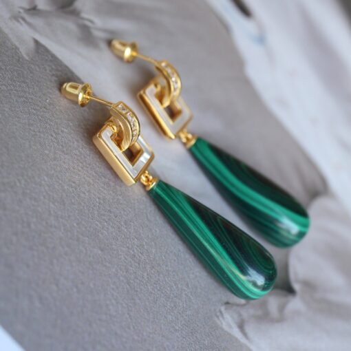Natural Long Pear Malachite Drop Earrings 925 silver|Statement Malachite earring women|Real Fine Gemstone Earrings|Handmade Vintage Earrings - Image 4