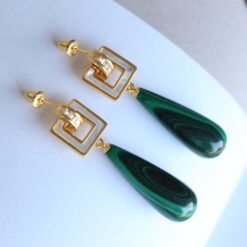 Natural Long Pear Malachite Drop Earrings 925 silver|Statement Malachite earring women|Real Fine Gemstone Earrings|Handmade Vintage Earrings