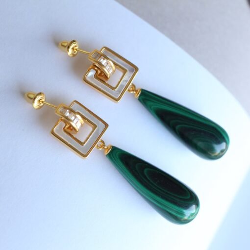 Natural Long Pear Malachite Drop Earrings 925 silver|Statement Malachite earring women|Real Fine Gemstone Earrings|Handmade Vintage Earrings