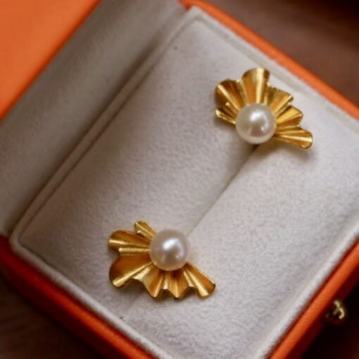 Vintage Petal pearl stud earrings gold plated silver|Real Pearl Studs Earrings gold|Antique Floral Pearl Earrings|Handmade Gemstone Earrings - Image 7
