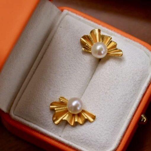 Vintage Petal pearl stud earrings gold plated silver|Real Pearl Studs Earrings gold|Antique Floral Pearl Earrings|Handmade Gemstone Earrings - Image 8
