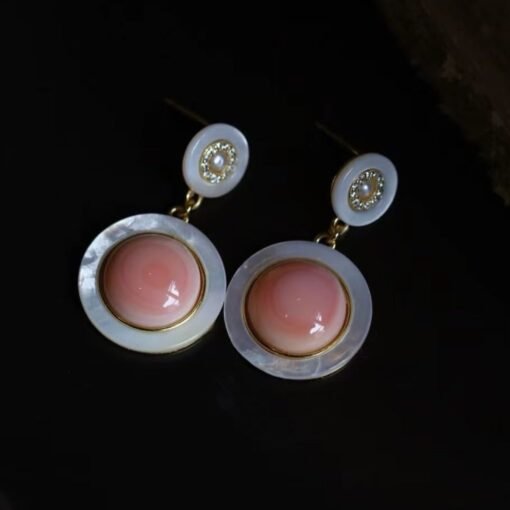 Genuine Pink Queen Conch Shell drop earring silver|Statement Pink Gemstone Jewelry|Unique Earring For Her|Vintage Halo stud Earrings women - Image 6