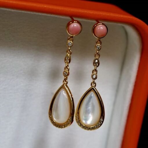 Natural Pink Queen Conch Shell Drop with Mother of Pearl|Statement Pink Gemstone Jewelry|Unique Drop Earring Women|Modern Art Deco Earrings - Image 5