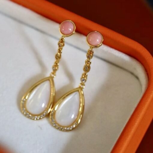 Natural Pink Queen Conch Shell Drop with Mother of Pearl|Statement Pink Gemstone Jewelry|Unique Drop Earring Women|Modern Art Deco Earrings - Image 2