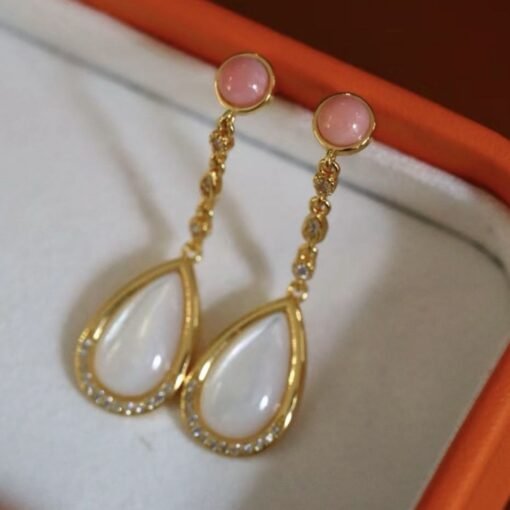 Natural Pink Queen Conch Shell Drop with Mother of Pearl|Statement Pink Gemstone Jewelry|Unique Drop Earring Women|Modern Art Deco Earrings - Image 4