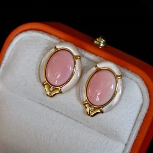 Genuine Pink Queen Conch Shell stud earring gold plated silver|Statement Pink Gemstone Jewelry|Unique Earring For Her|Bezel set stud Earring - Image 2