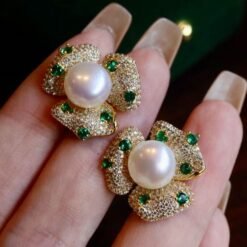Unique Freshwater Pearl Studs Earrings s925 Silver|Natural Pearl Earring Women|Green Zircon Pearl Stud Women|Handmade Vintage Pearl Earrings