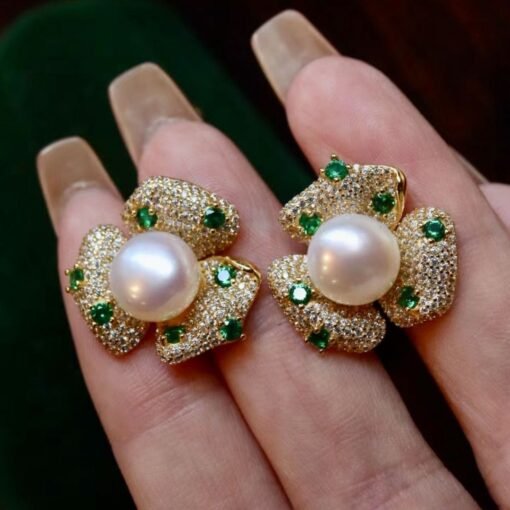 Unique Freshwater Pearl Studs Earrings s925 Silver|Natural Pearl Earring Women|Green Zircon Pearl Stud Women|Handmade Vintage Pearl Earrings - Image 3
