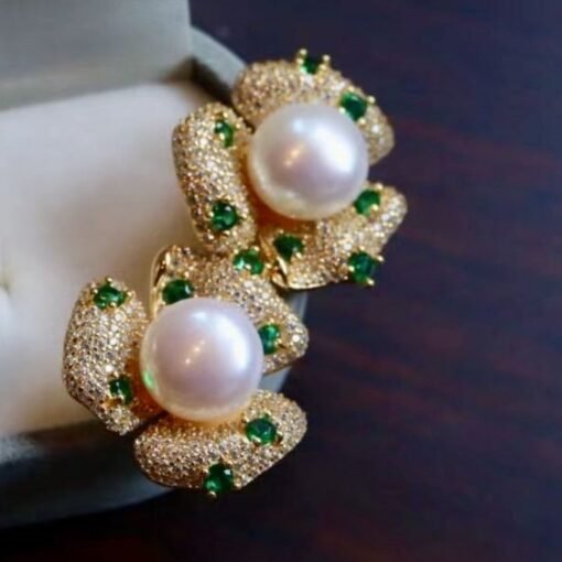 Unique Freshwater Pearl Studs Earrings s925 Silver|Natural Pearl Earring Women|Green Zircon Pearl Stud Women|Handmade Vintage Pearl Earrings - Image 7