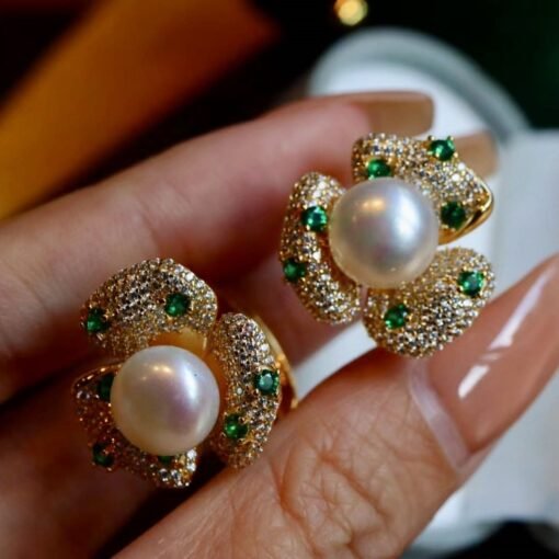Unique Freshwater Pearl Studs Earrings s925 Silver|Natural Pearl Earring Women|Green Zircon Pearl Stud Women|Handmade Vintage Pearl Earrings - Image 6