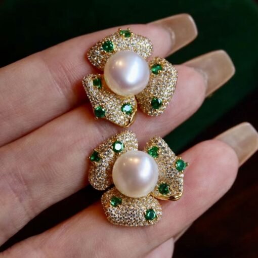 Unique Freshwater Pearl Studs Earrings s925 Silver|Natural Pearl Earring Women|Green Zircon Pearl Stud Women|Handmade Vintage Pearl Earrings - Image 8