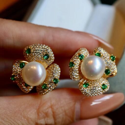 Unique Freshwater Pearl Studs Earrings s925 Silver|Natural Pearl Earring Women|Green Zircon Pearl Stud Women|Handmade Vintage Pearl Earrings - Image 2