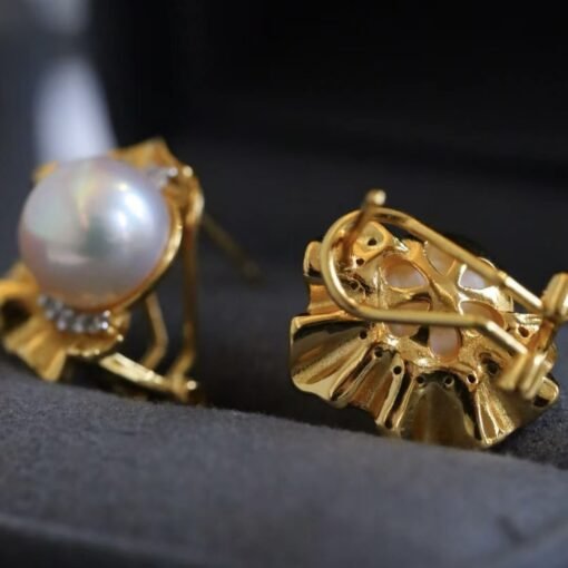 Genuine pearl stud earrings gold plated silver|Statement Vintage Pearl Earrings gold|Antique Floral Pearl Earrings|June Birthstone Earrings - Image 4