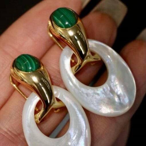 Genuine Malachite witj Mother of Pearl Earring Silver|Statement Malachite Earring|Unique Malachite Dangle|Art deco ring malachite drop women - Image 3