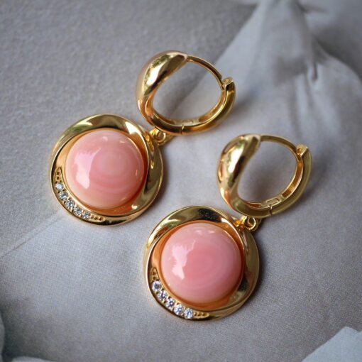 Natural Pink Queen Conch Shell drop earring gold plated silver|Untreated Pink Gemstone Jewelry|Unique Earring For Her|Bezel set drop Earring - Image 2