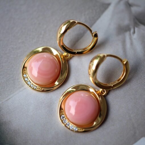 Natural Pink Queen Conch Shell drop earring gold plated silver|Untreated Pink Gemstone Jewelry|Unique Earring For Her|Bezel set drop Earring - Image 6