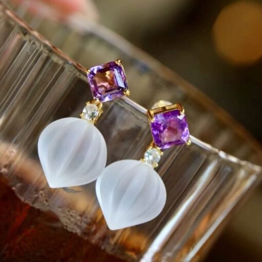 Natural Quartz with Amethyst Teardrop Earrings silver/Unique Chunky Quartz Drop Earrings Women/Art Deco Modern Statement Quartz Earrings - Image 2