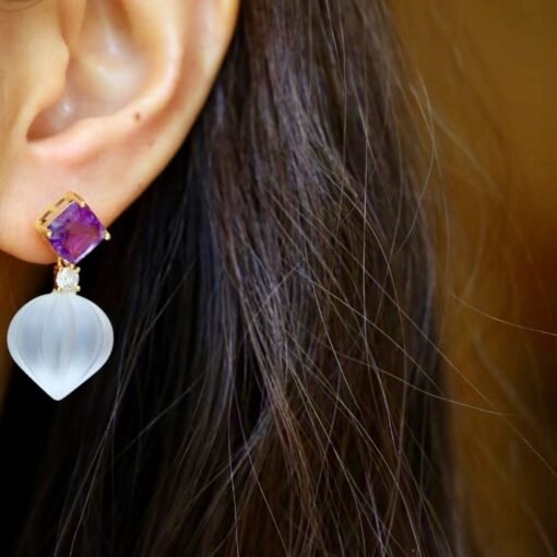 Natural Quartz with Amethyst Teardrop Earrings silver/Unique Chunky Quartz Drop Earrings Women/Art Deco Modern Statement Quartz Earrings - Image 7