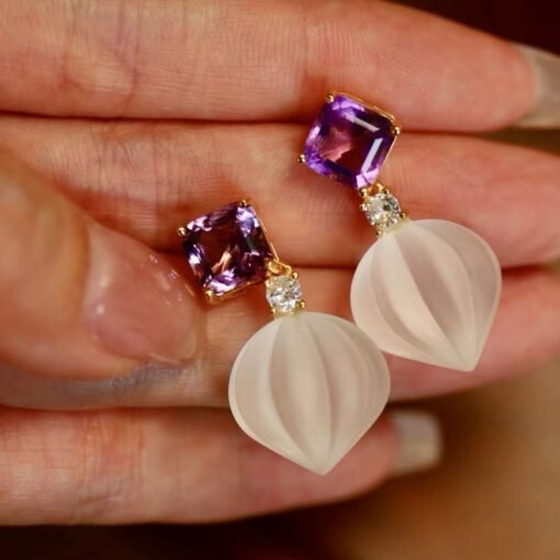 Natural Quartz with Amethyst Teardrop Earrings silver/Unique Chunky Quartz Drop Earrings Women/Art Deco Modern Statement Quartz Earrings - Image 6