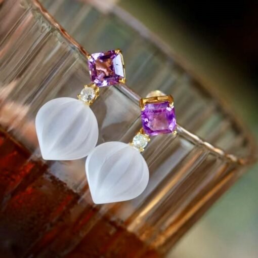 Natural Quartz with Amethyst Teardrop Earrings silver/Unique Chunky Quartz Drop Earrings Women/Art Deco Modern Statement Quartz Earrings - Image 5