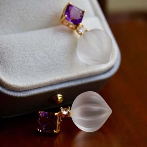 Natural Quartz with Amethyst Teardrop Earrings silver/Unique Chunky Quartz Drop Earrings Women/Art Deco Modern Statement Quartz Earrings - Image 8