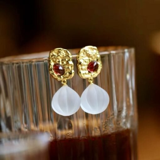 Natural Quartz with Garnet Teardrop Earrings silver/Unique Chunky Quartz Drop Earrings Women/Art Deco Vintage Statement Quartz Earrings Gold - Image 4