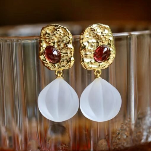 Natural Quartz with Garnet Teardrop Earrings silver/Unique Chunky Quartz Drop Earrings Women/Art Deco Vintage Statement Quartz Earrings Gold - Image 2