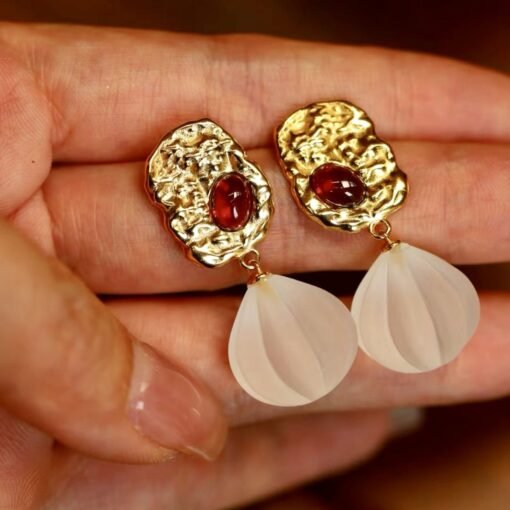 Natural Quartz with Garnet Teardrop Earrings silver/Unique Chunky Quartz Drop Earrings Women/Art Deco Vintage Statement Quartz Earrings Gold - Image 5
