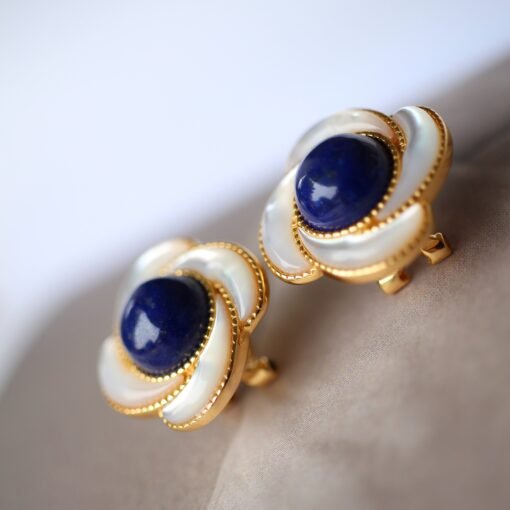 Genuine Lapis Lazuli Stud Earring sterling silver|Floral petal Lapis Lazuli EarringUnique September birthstone jewelry earrings women - Image 5